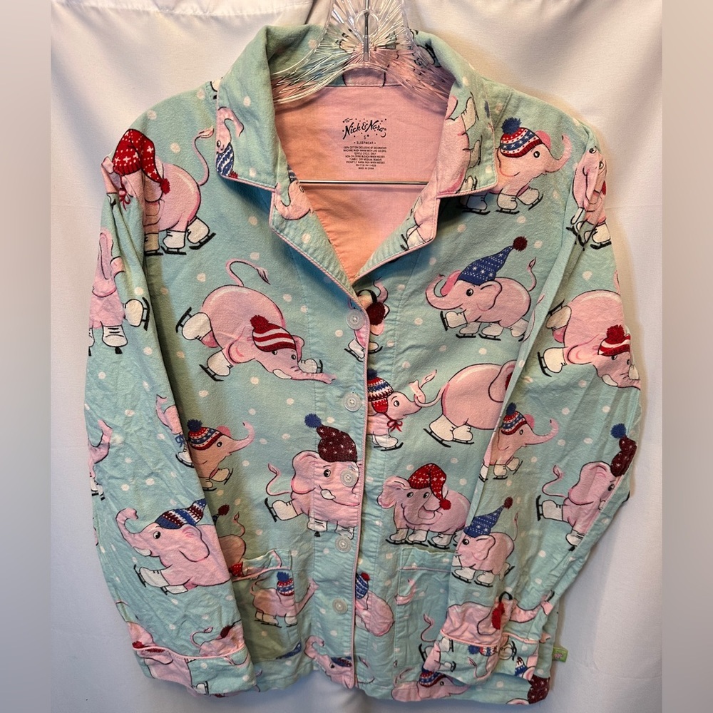 Nick And‎ Nora Pajamas Size Small Blue Winter Pink Elephants Skating Shirt Only